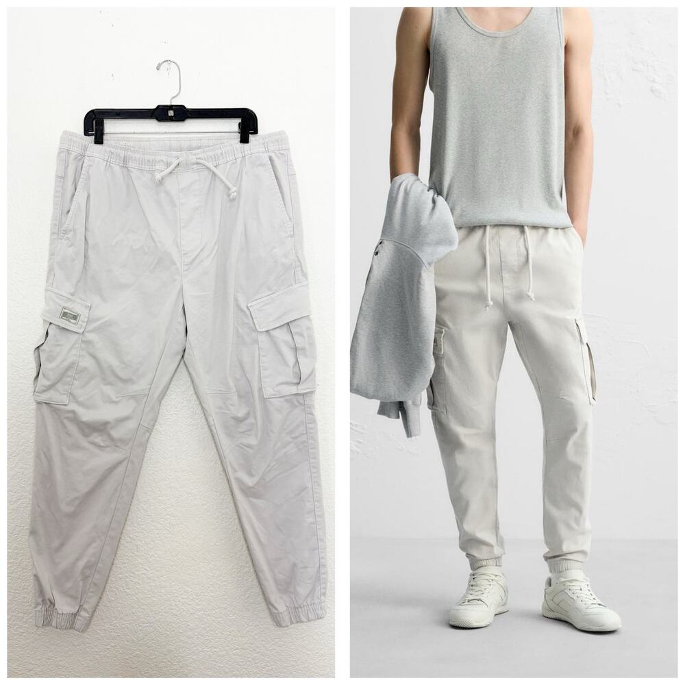 Zara Men’s Cargo Trousers Size XL Off White Pockets Comfort Casual Jogger